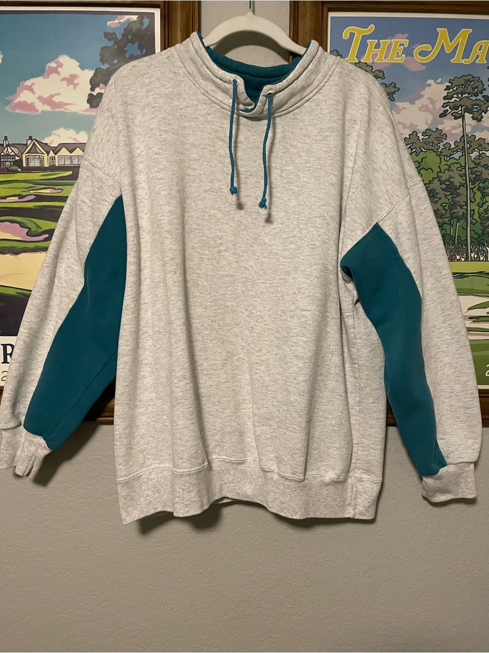 Vintage 90s Nutmeg Mills Mock Neck Sweatshirt Gray Teal Color Block USA Mens L